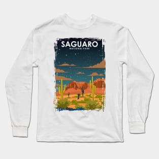 Saguaro National Park Vintage Minimal Retro Travel Poster at Night Long Sleeve T-Shirt